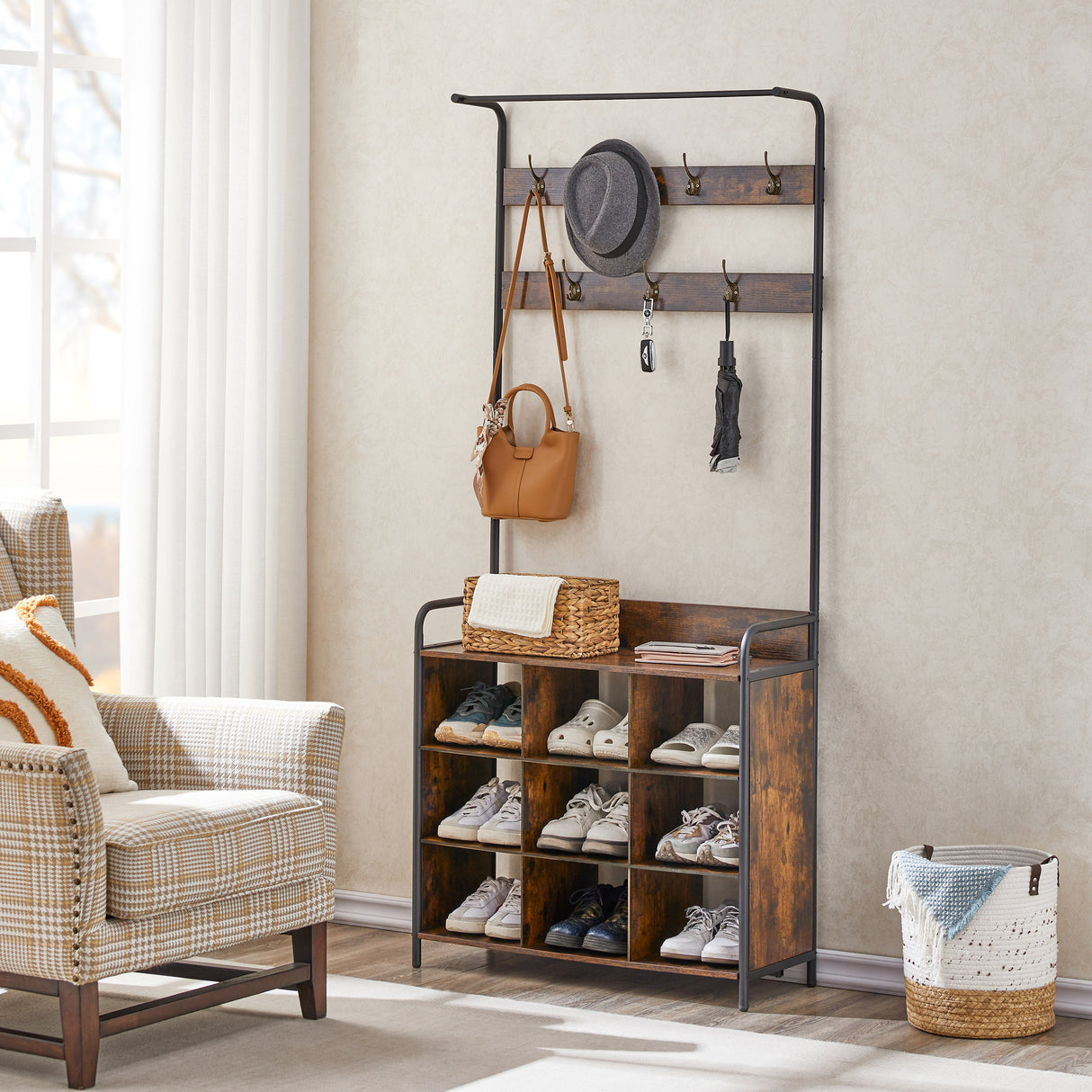 Coat Rack, Hall Tree with Shoe Rack for Entryway, 3-in-1 Entryway Coat Rack and Storage Rack, with 7 Hooks, a Hanging Rod - V.I.P Digital Presence