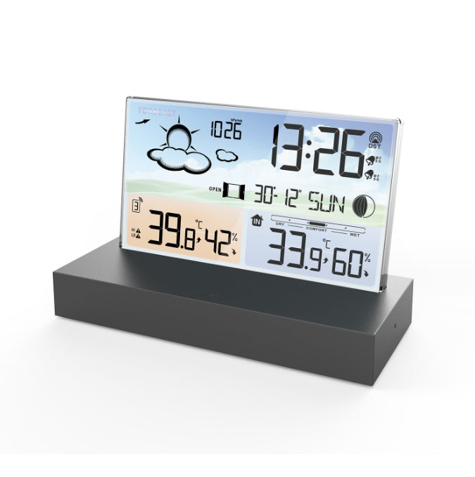 Transparent glass weather clock 3396C color screen RF wireless multi function weather forecast electronic alarm clock - V.I.P Digital Presence