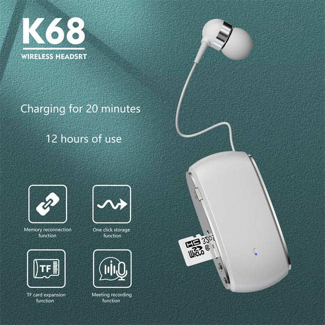 K68 New Collar style Bluetooth Earphones MP3 Earphones Wireless Telescopic Cable Single Ear Card Insertion Recording Earphones - V.I.P Digital Presence