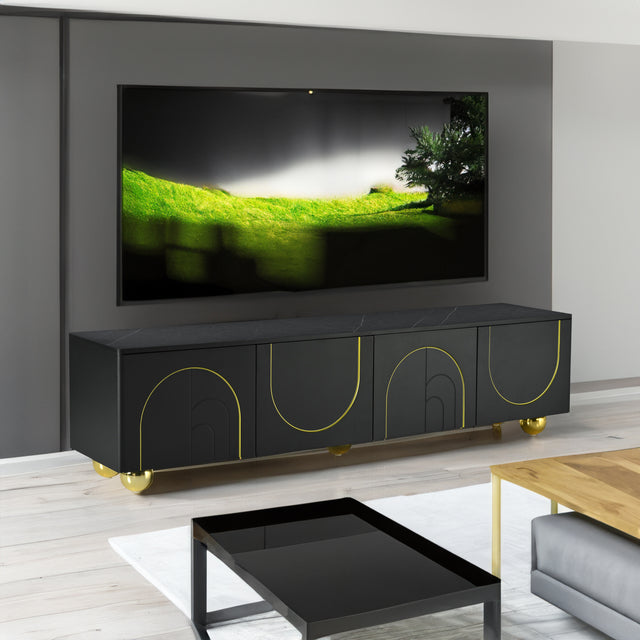 U-Can modern TV stand is suitable for TVs under 75 inches and comes with a storage cabinet top marble pattern and circular stand - V.I.P Digital Presence