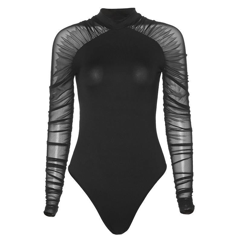 Round neck mesh see through slim fit sexy long sleeved trendy hot girl jumpsuit - V.I.P Digital Presence