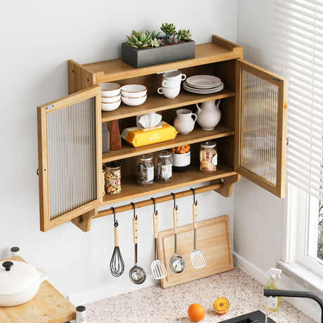 24.8 '' Glass door retro double door wall cabinet with three levels of storage space with towel rack, original wood color - V.I.P Digital Presence