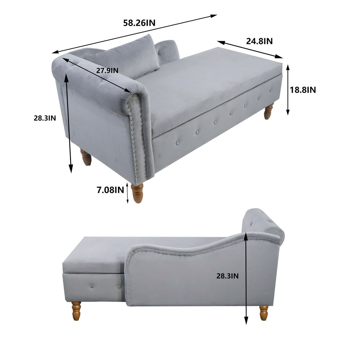 Grey Chaise Lounge Indoor Velvet Lounge Chair for Bedroom with Storage & Pillow Modern Upholstered Rolled Arm Chase Lounge - V.I.P Digital Presence
