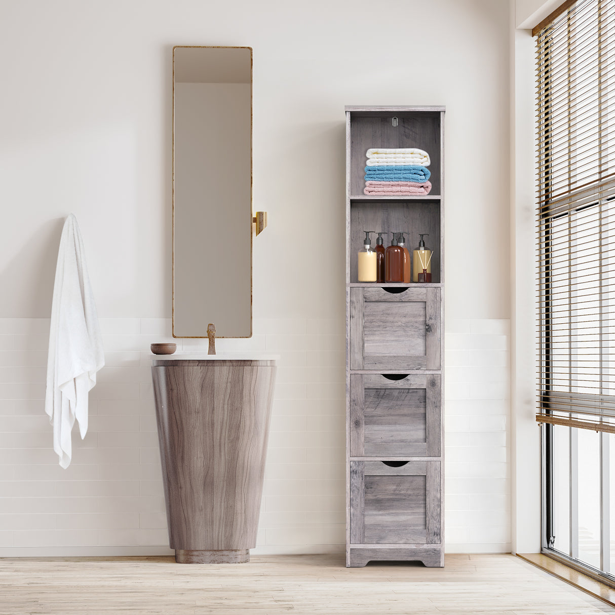 Bathroom Floor Cabinet with 3 Drawers 2 Shelves, Tall Narrow Bathroom Kitchen Pantry Storage Cabinet with Open Compartment Grey - V.I.P Digital Presence