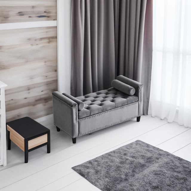 Storage Bench, 44.5-Inch Queen Velvet Button Bedside Bench, Entryway Living Room with Armrests, Nailhead Trim Gray - V.I.P Digital Presence