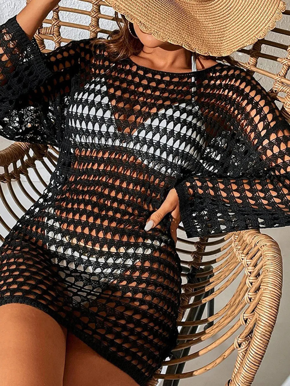 Knitted hollowed out pullover round neck long sleeved bikini swimsuit cover - V.I.P Digital Presence