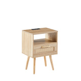 15.75" Rattan End table with Power Outlet & USB Ports  Modern nightstand with drawer and solid wood legs - V.I.P Digital Presence