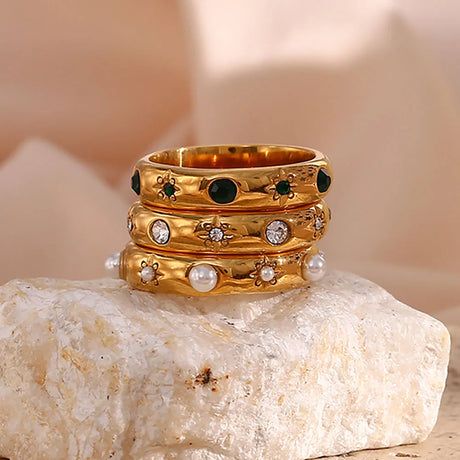 18K Gold Plated Green Zircon Pearl Rings For Women Waterproof Hypoallergenic Dainty Gold Ring Stainless Steel Jewelry - V.I.P Digital Presence