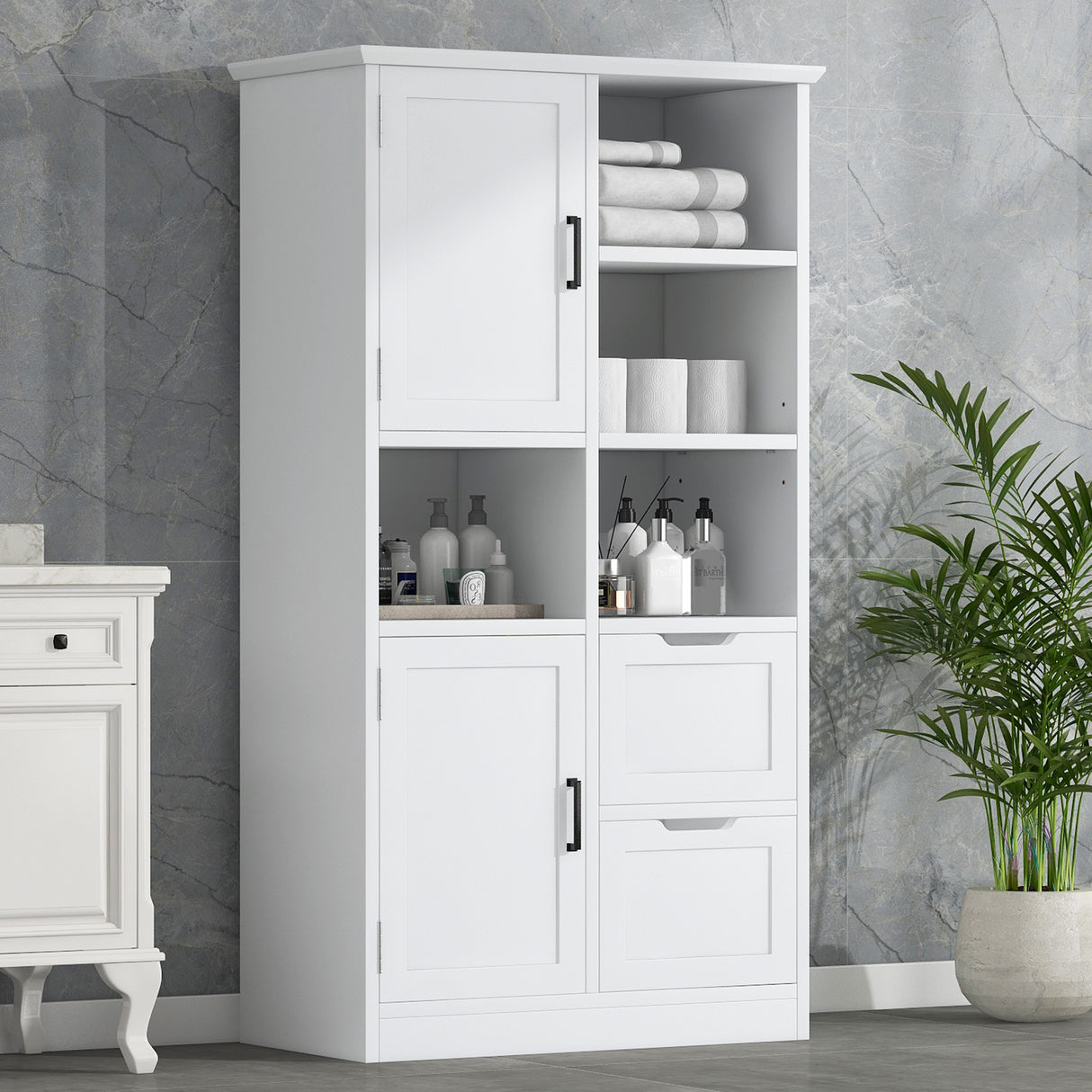 Bathroom storage cabinet with doors and drawers, multiple storage spaces, independent, open adjustable shelves, white - V.I.P Digital Presence