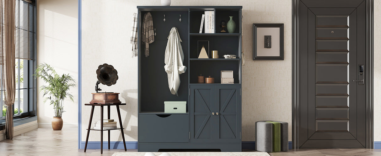 Multi-functional Hall Tree with Storage Shelves Drawers and Cabinet, Elegant Hallway Shoe Cabinet with Bench Antique Blue - V.I.P Digital Presence