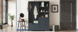 Multi-functional Hall Tree with Storage Shelves Drawers and Cabinet, Elegant Hallway Shoe Cabinet with Bench Antique Blue - V.I.P Digital Presence