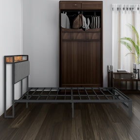 Full Size Bed Frame with Charging Station, Upholstered Headboard, Metal Platform, Grey - V.I.P Digital Presence