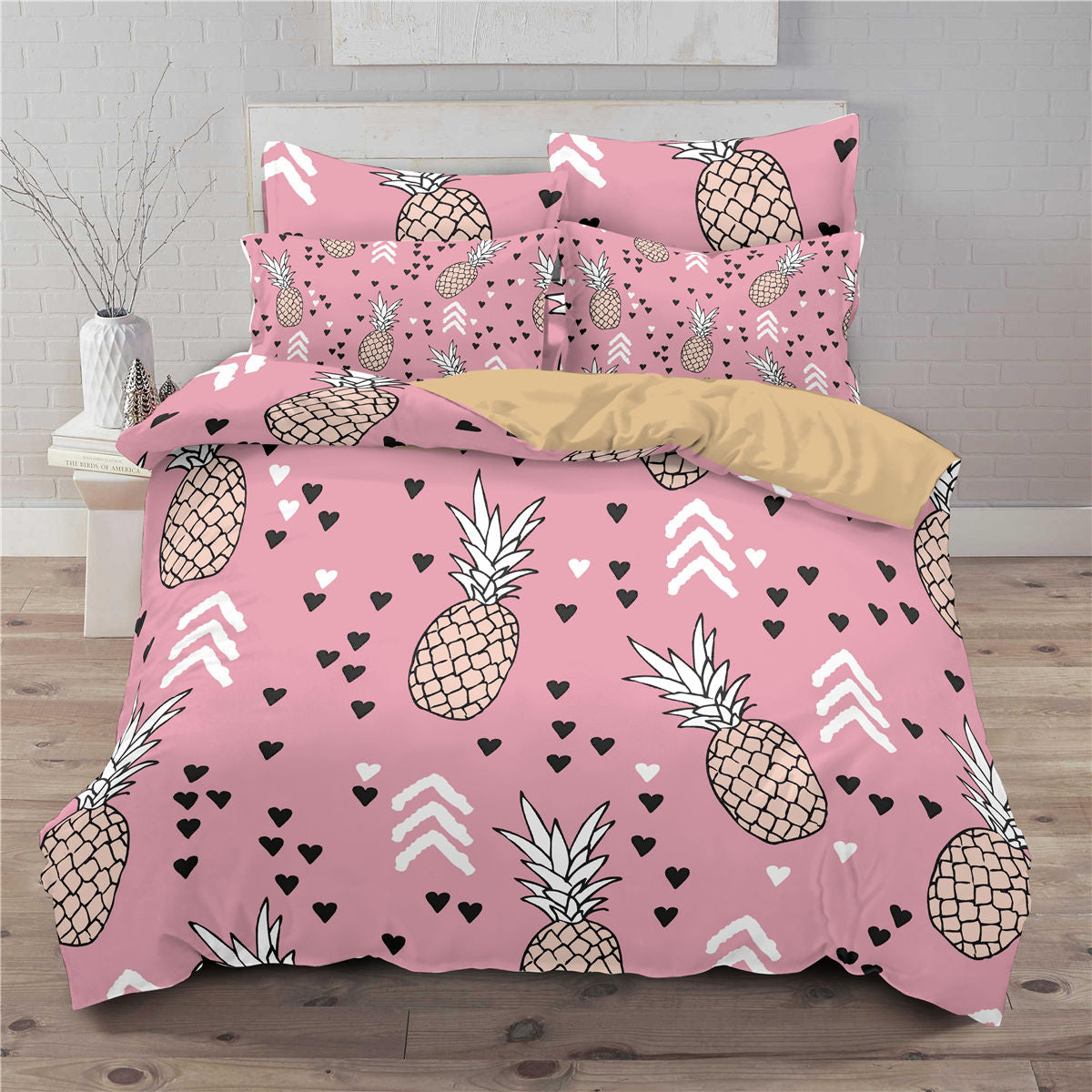 Funda de cama europea y americana de tres piezas impresa en 3D con una pequeña piña fresca 