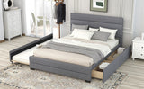 Queen Upholstered Platform Bed with Twin Size Trundle and Two Drawers Grey