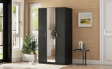 3 Door Wardrobe with Mirror, Armoire with Hanging Rod and 3 Fixed Shelves,Black - V.I.P Digital Presence
