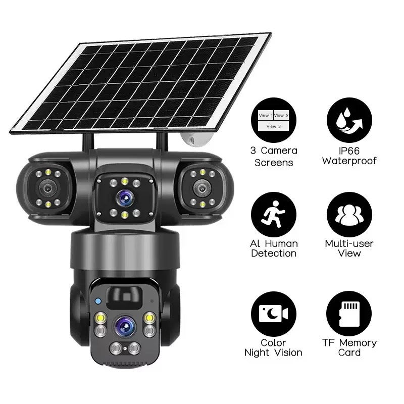 V380 360-Degree Panoramic 3-View 3-Lens Wireless WiFi/4G Solar-Powered Camera Surveillance System - V.I.P Digital Presence