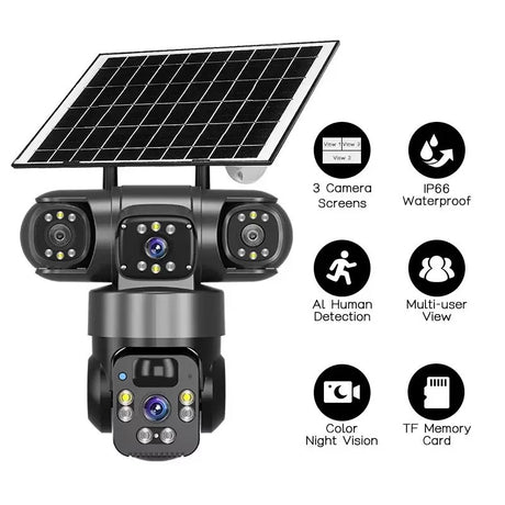 V380 360-Degree Panoramic 3-View 3-Lens Wireless WiFi/4G Solar-Powered Camera Surveillance System - V.I.P Digital Presence