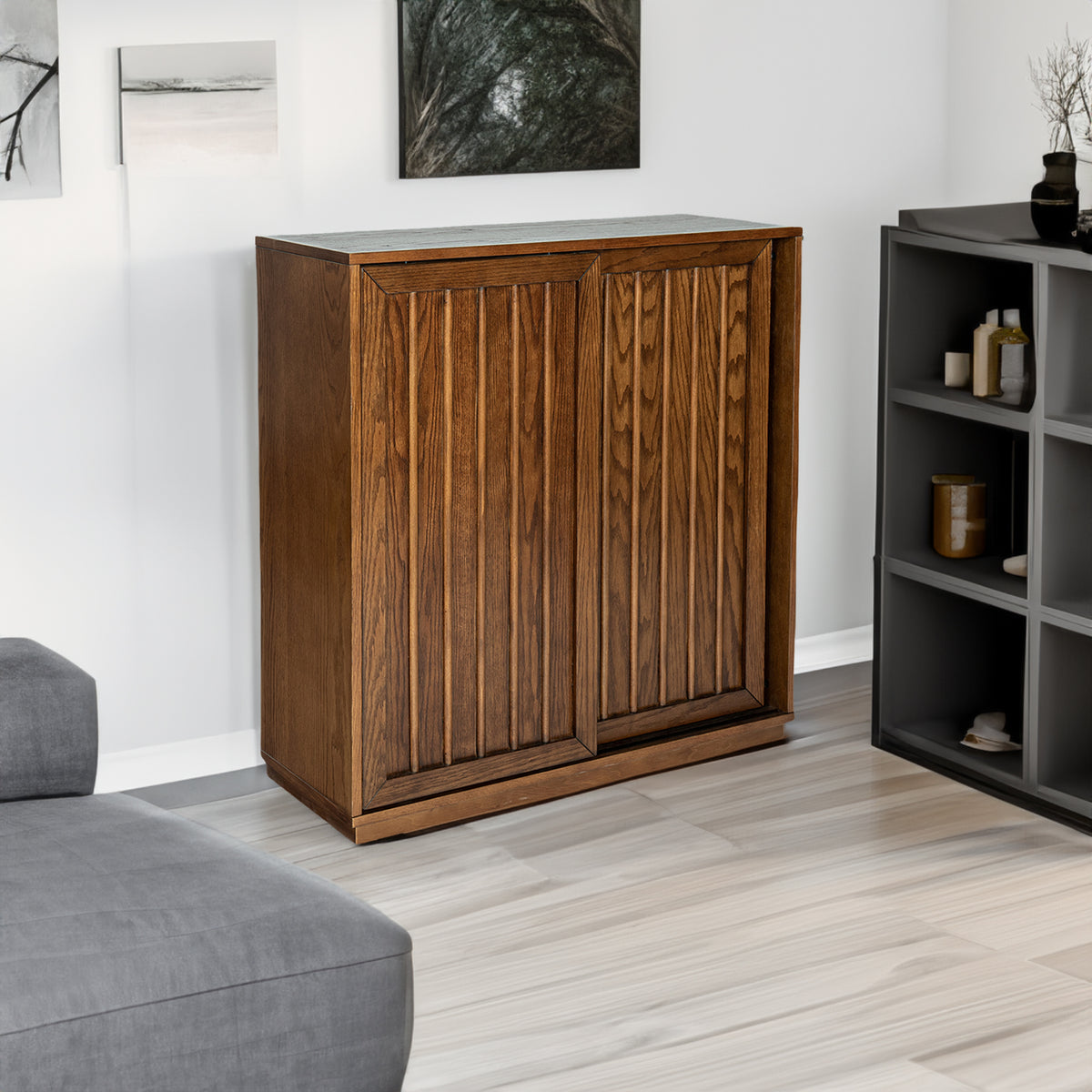 Medieval side panel with 2 sliding doors and solid wood decorative strips, storage cabinet - V.I.P Digital Presence