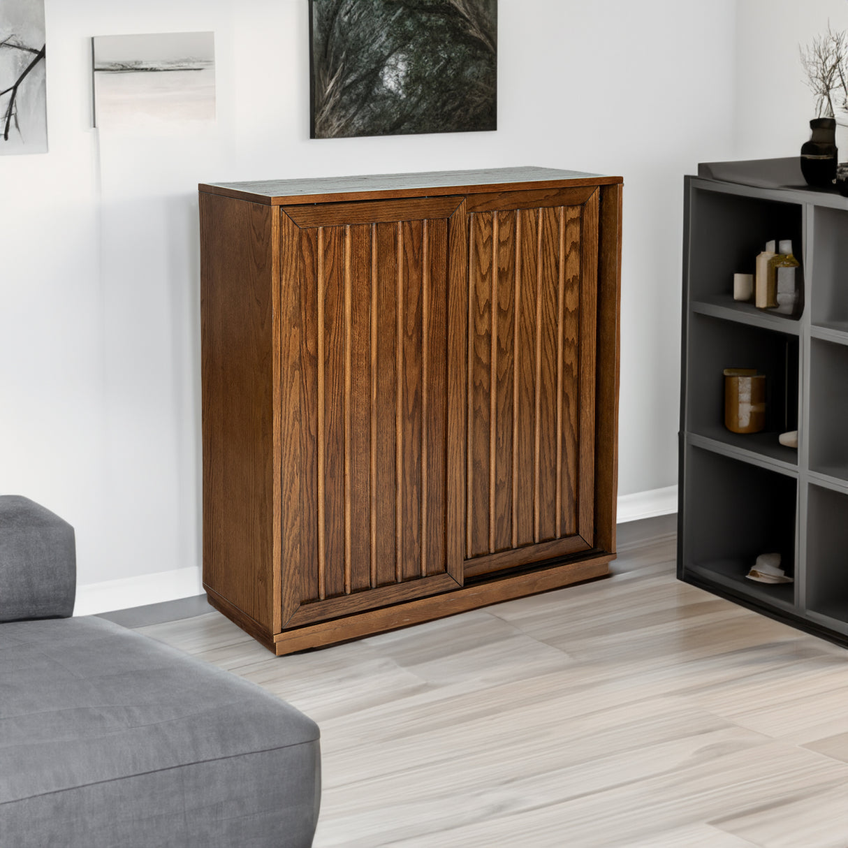 Medieval side panel with 2 sliding doors and solid wood decorative strips, storage cabinet - V.I.P Digital Presence