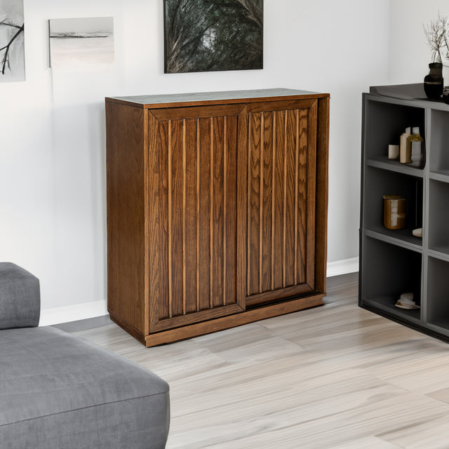 Medieval side panel with 2 sliding doors and solid wood decorative strips, storage cabinet - V.I.P Digital Presence