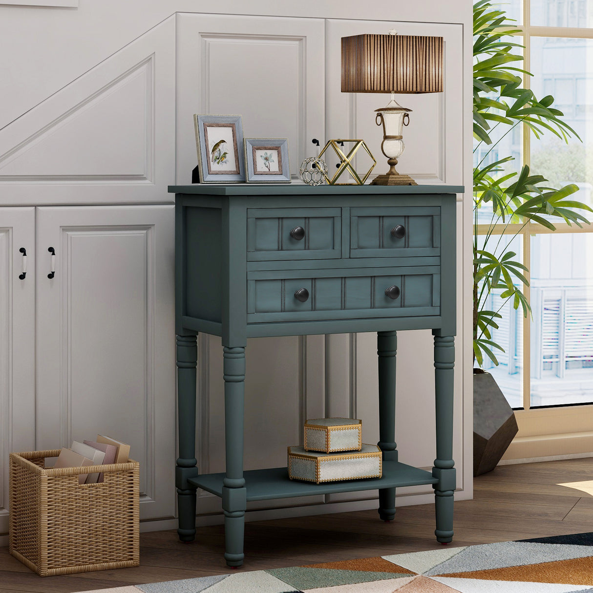 TREXM Narrow Console Table, Slim Sofa Table with Three Storage Drawers and Bottom Shelf for Living Room, Easy Assembly (Navy) - V.I.P Digital Presence