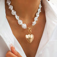 Fashionable heart-shaped hollow pendant collarbone chain simple flat bead pearl necklace set - V.I.P Digital Presence