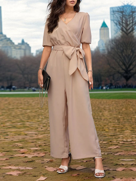 Tied Short Sleeve Wide Leg Jumpsuit - V.I.P Digital Presence