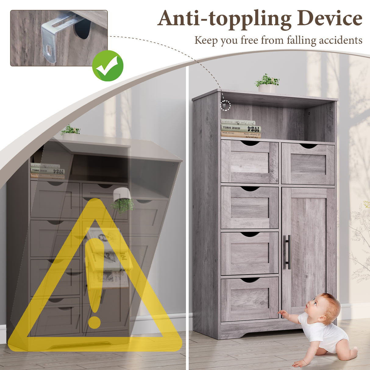 5 Drawers Storage Cabinet with Adjustable Shelves, Bathroom Cabinet with Doors, Floor Cabinet for Living Room Grey - V.I.P Digital Presence