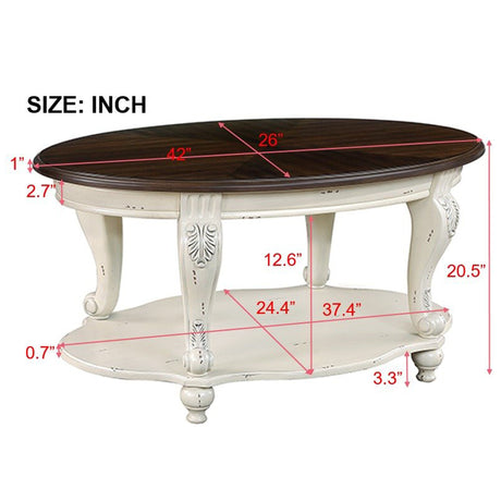 42 inch oval wooden coffee table, 2-story solid wood cocktail table with open storage rack, antique white and cherry tabletop - V.I.P Digital Presence