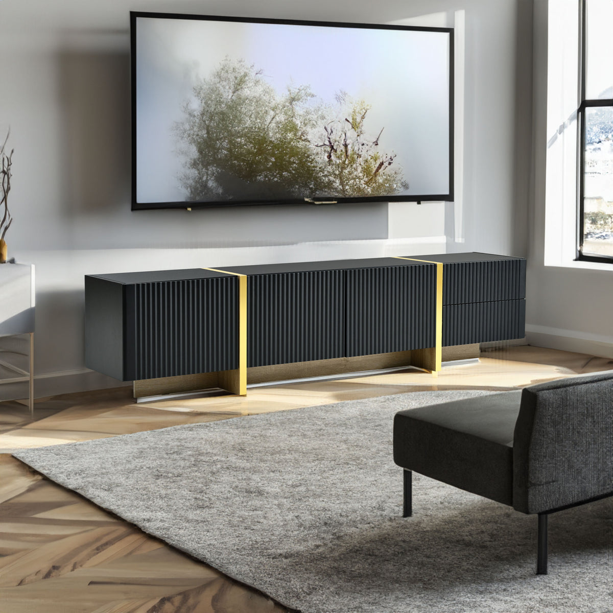 Luxury Fluted TV Stand for TVs Up to 80'', Modern Entertainment Center with Storage Cabinets & Drawers Black - V.I.P Digital Presence