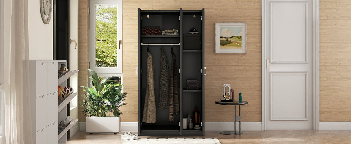 3 Door Wardrobe with Mirror, Armoire with Hanging Rod and 3 Fixed Shelves,Black - V.I.P Digital Presence