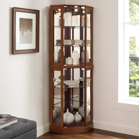 6 shelves corner Curio display cabinet with light mirror and adjustable shelves, walnut wood (excluding E26 light bulbs) - V.I.P Digital Presence