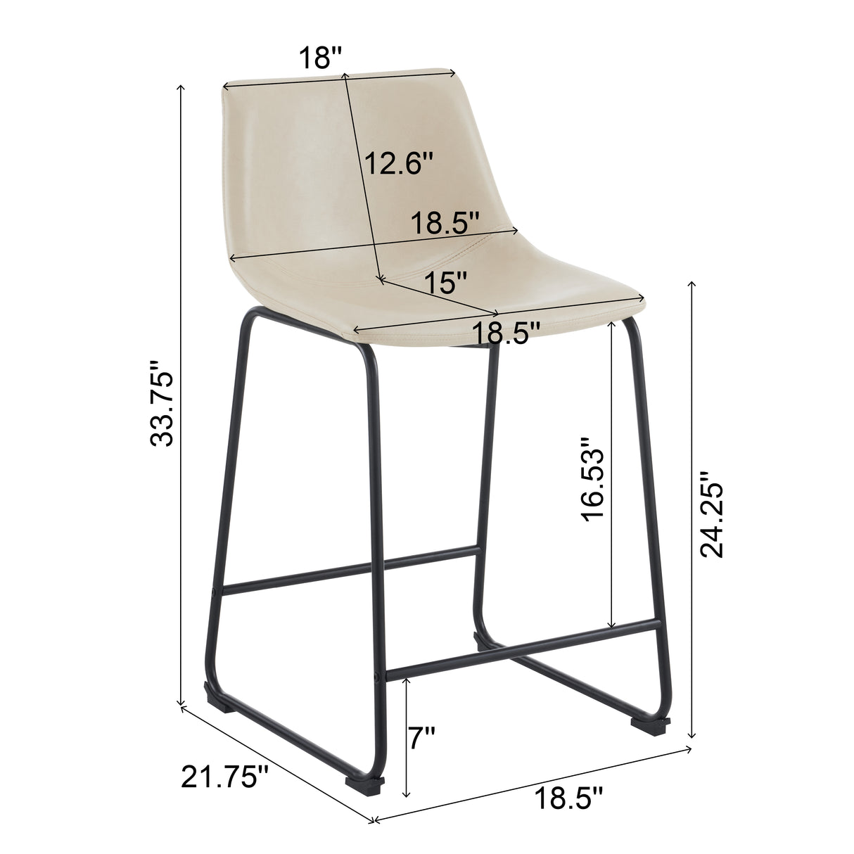 (2 sets) Retro style 24 inch armless industrial faux leather counter stool with metal legs and footrests, cream and black - V.I.P Digital Presence