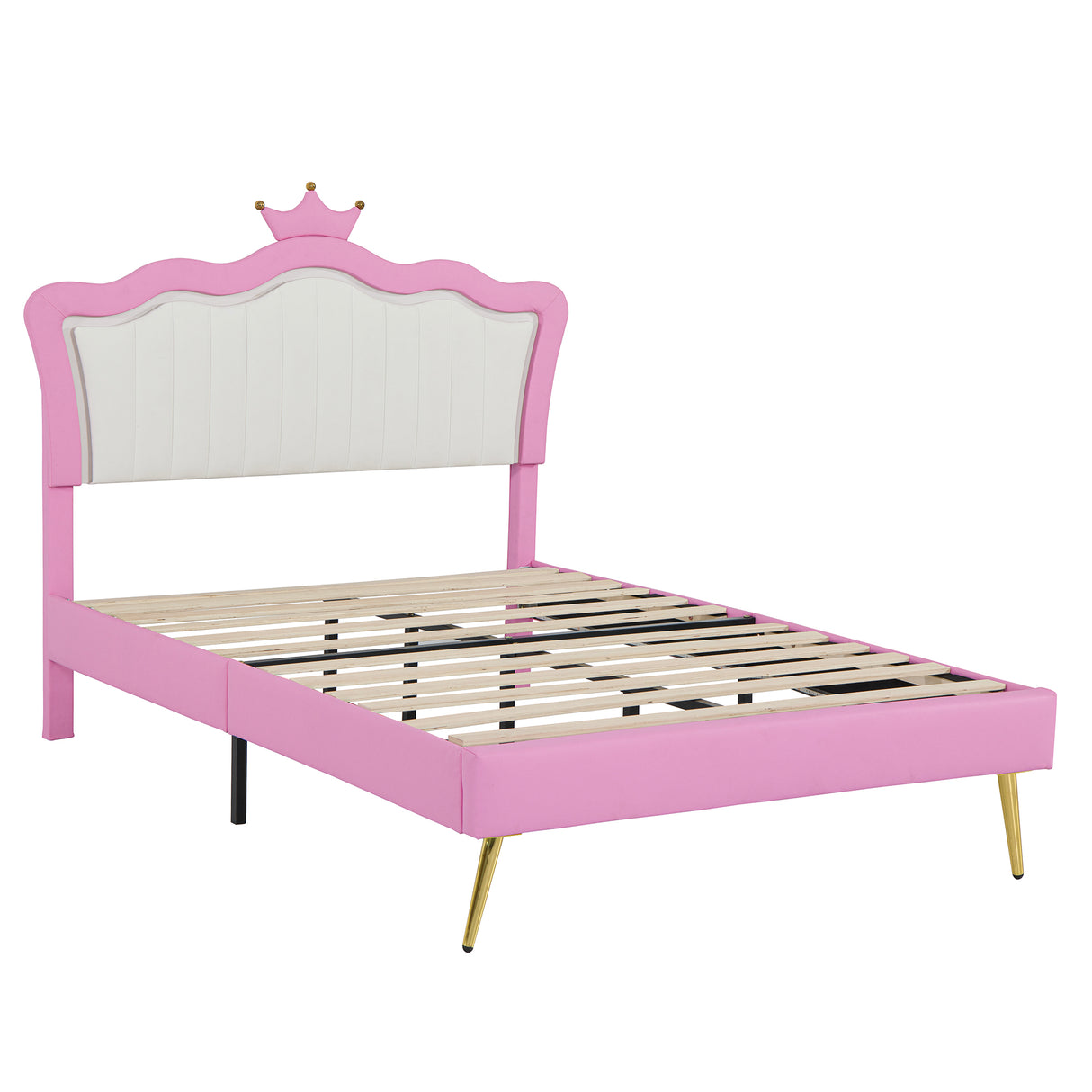 Full Size Upholstered Bed Frame with LED Lights, Modern Upholstered Princess Bed with Crown Headboard, Pink+White - V.I.P Digital Presence