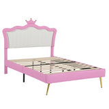 Full Size Upholstered Bed Frame with LED Lights, Modern Upholstered Princess Bed with Crown Headboard, Pink+White - V.I.P Digital Presence