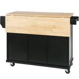 Kitchen trolley with rubber wood leaf countertop, 5-wheel kitchen island, storage cabinet and 3 dining drawers, black - V.I.P Digital Presence