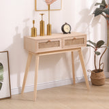 Side table with two real rattan drawers, solid wood table legs can be used in the dining room living room,bedroom - V.I.P Digital Presence