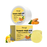 Almohadilla limpiadora con ácido de cúrcuma que limpia suavemente los poros faciales e hidrata. Almohadilla limpiadora refrescante e hidratante.