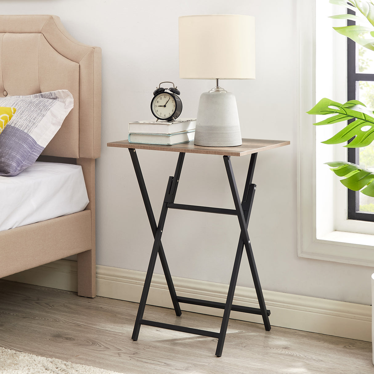 2-piece folding TV tray table without assembly, portable sofa side table, brown and black - V.I.P Digital Presence