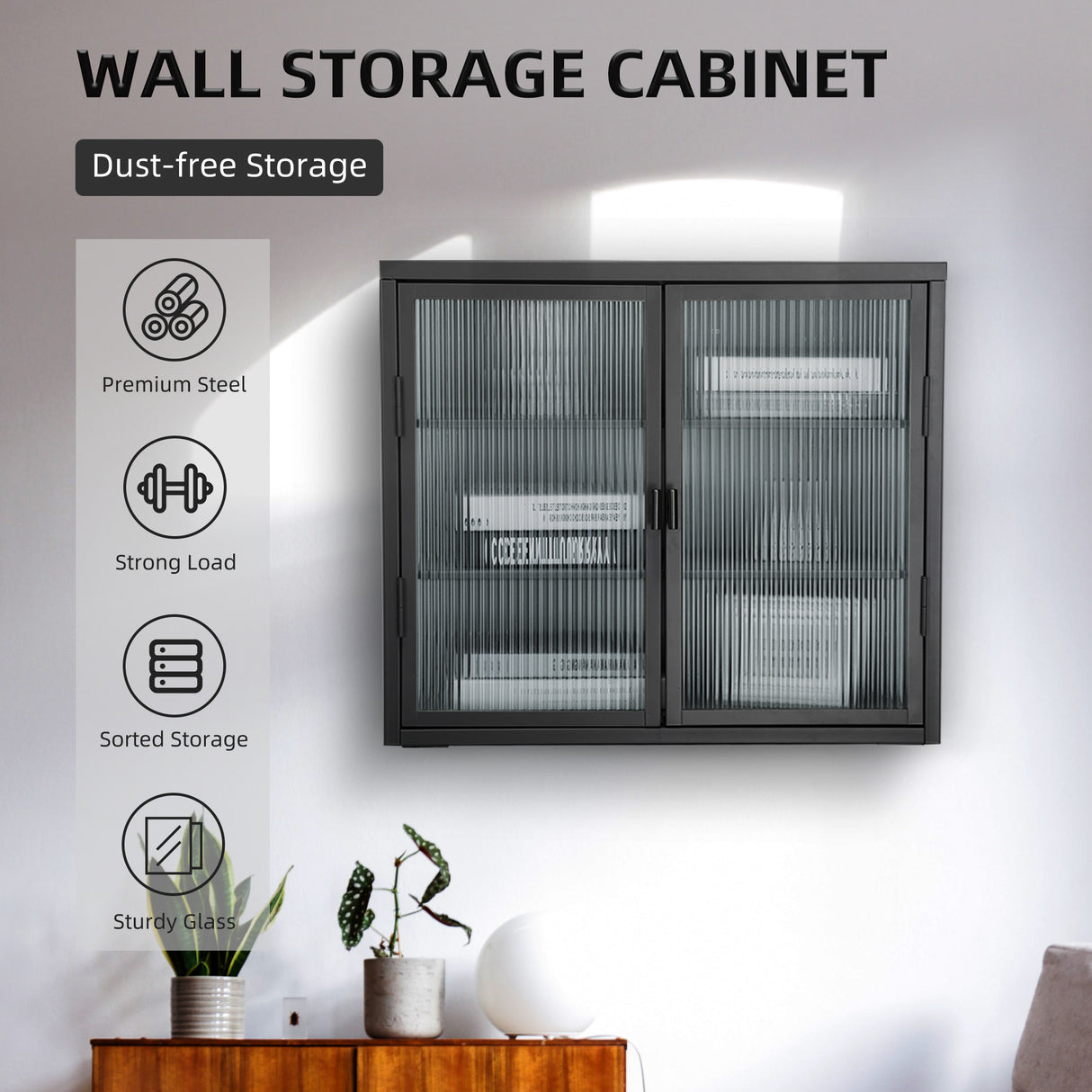 Retro Style Haze Double Glass Door Wall Cabinet With Detachable Shelves for Office Dining Room Living Room