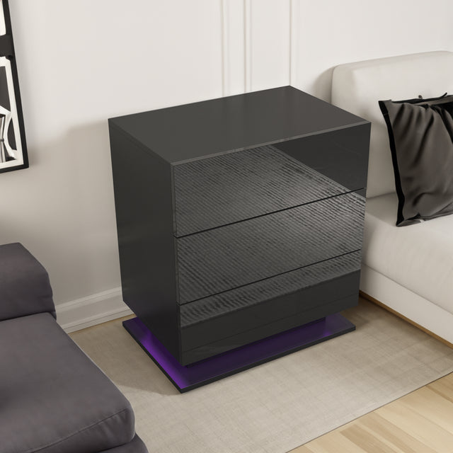Nightstand with 3 Storage Drawers,Led Lights, End Table for Bedroom Furniture - V.I.P Digital Presence