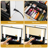 Portable makeup case, travel makeup bag with LED mirror, locked makeup storage box, brush holder, divider, rechargeable, white - V.I.P Digital Presence