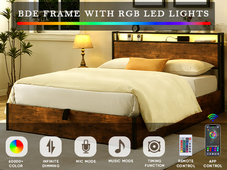 Elevating storage bed frame, full-size bed frame with bookshelf headboard and LED lights, with country brown color - V.I.P Digital Presence