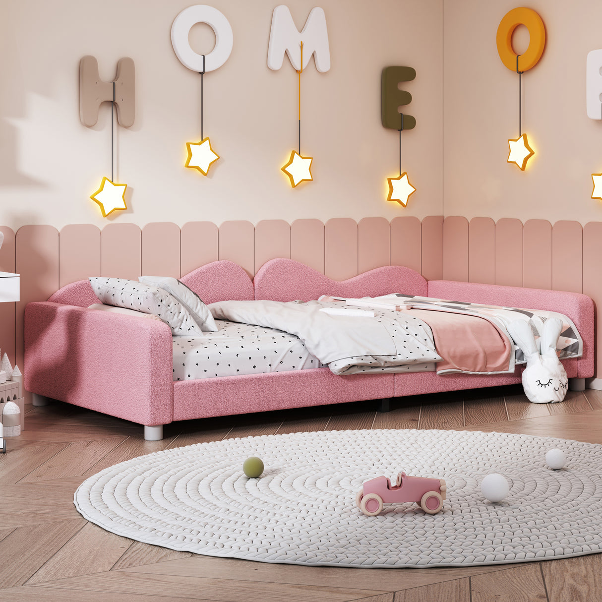 Twin size Upholstered Daybed, Sherpa Fabric Sofabed with Cloud-Shaped Backrest, No Box-spring Needed, Pink - V.I.P Digital Presence