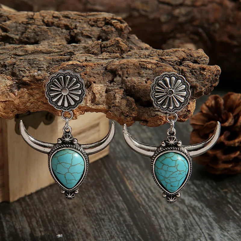 Artificial Turquoise Alloy Cow Head Earrings - V.I.P Digital Presence