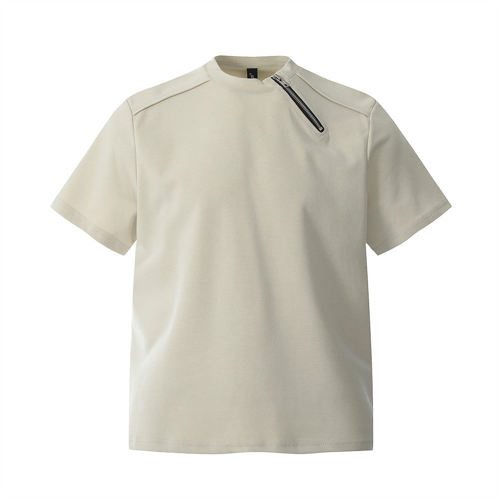 Zipper Design Heavyweight Short Sleeve T-Shirt Men's Loose Round Neck Half Sleeve Tee - V.I.P Digital Presence