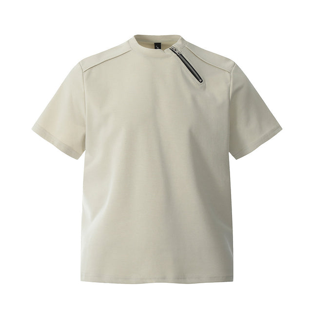 Zipper Design Heavyweight Short Sleeve T-Shirt Men's Loose Round Neck Half Sleeve Tee - V.I.P Digital Presence