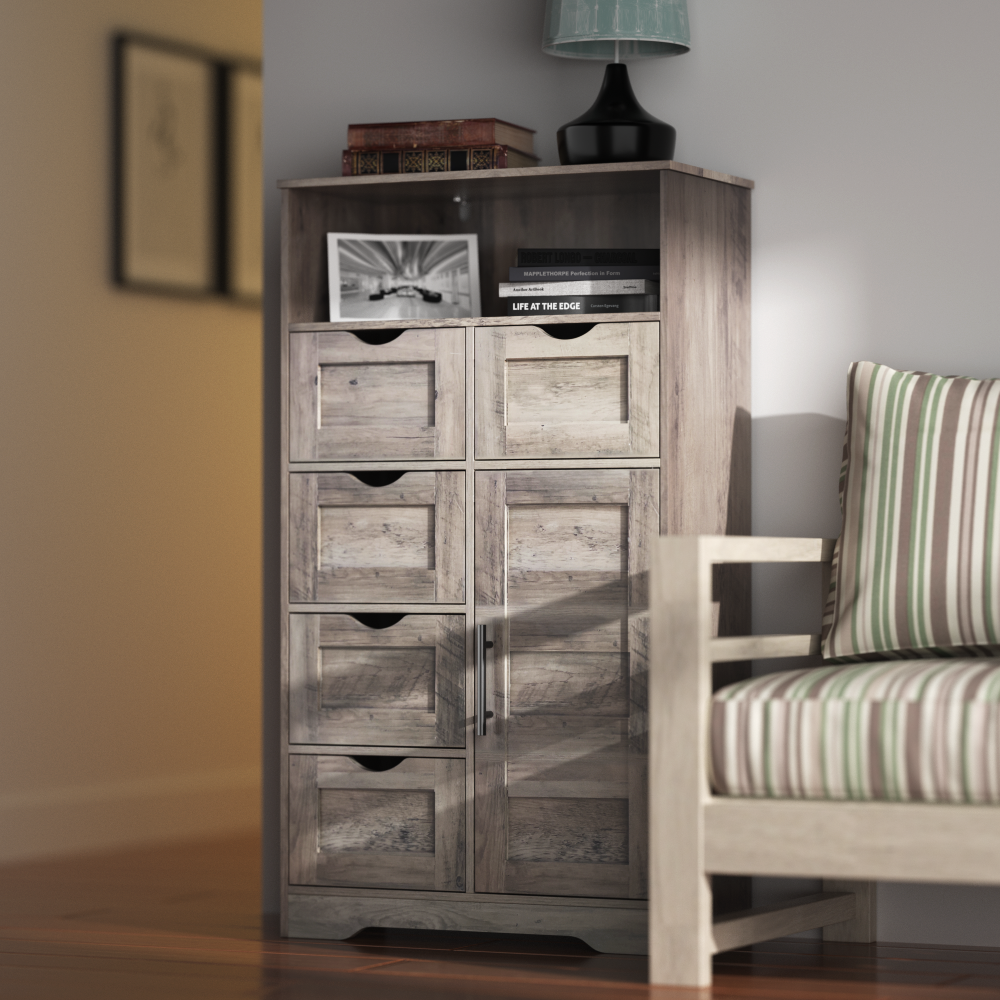 5 Drawers Storage Cabinet with Adjustable Shelves, Bathroom Cabinet with Doors, Floor Cabinet for Living Room Grey - V.I.P Digital Presence