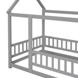 Twin Size Floor Wooden Bed with House Roof Frame, Fence Guardrails,Grey - V.I.P Digital Presence