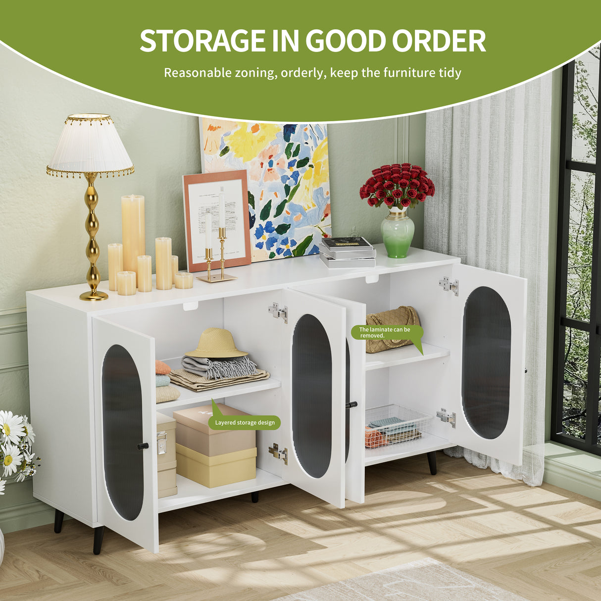 Modern Accent Sideboard Cabinet with Acrylic Doors, Freestanding Storage Cupboard Console Table for Kitchen Dining White - V.I.P Digital Presence
